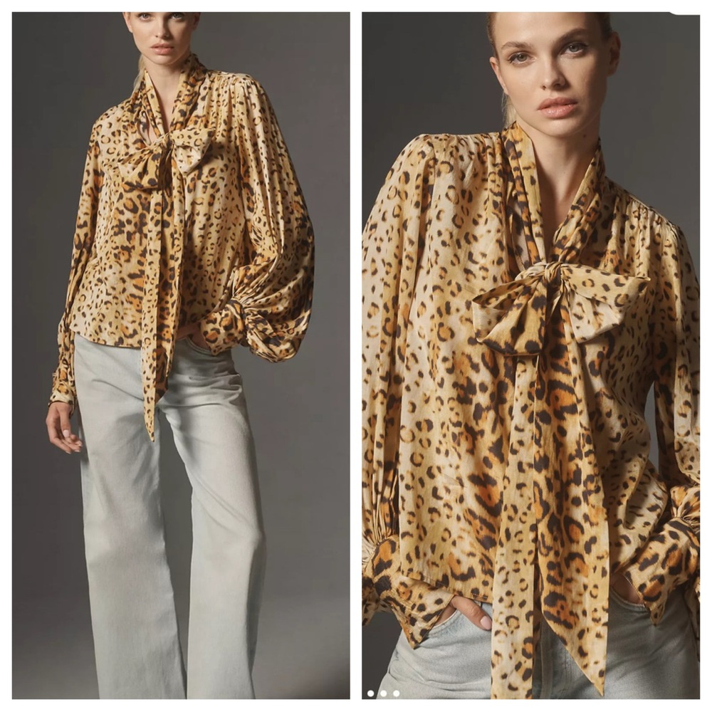 Anthropologie Leopard-Print Tie-Neck Blouse in Tan and Brown